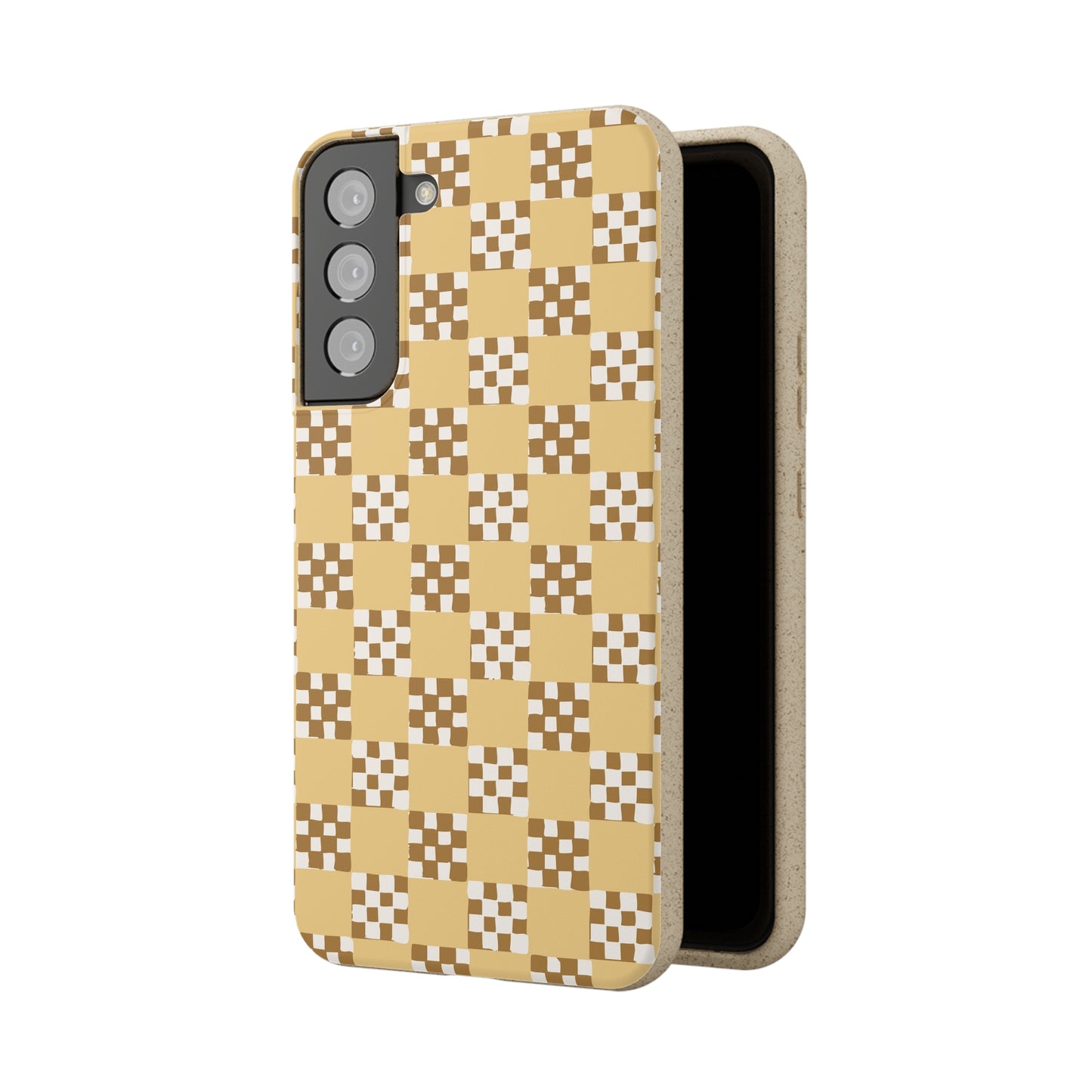 Checkered Quilt Biodegradable Phone Case, butter yellow, white and toffee