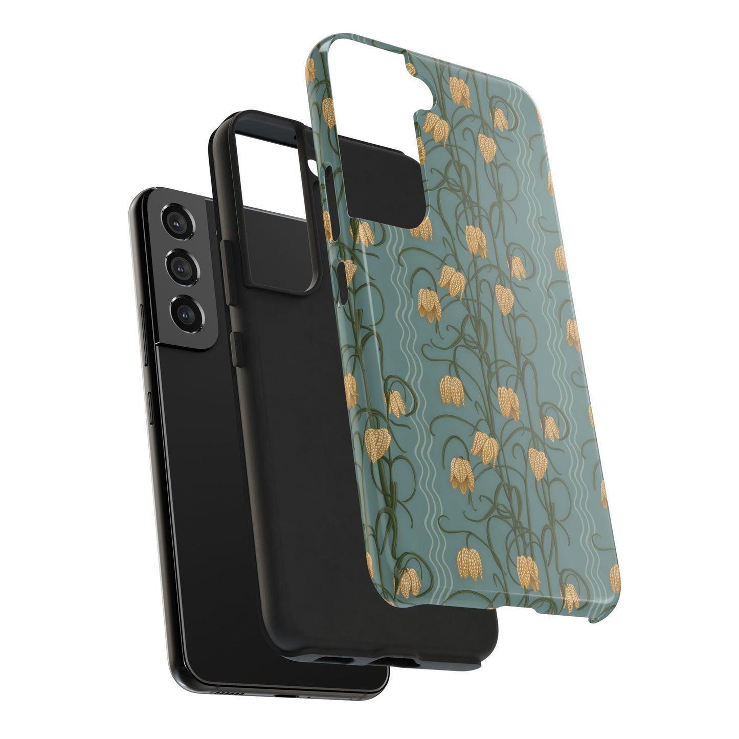 Campanas Floral Tough Phone Case — Dusty Blue and Marigold Wildflower Protective Cover, Personalizable