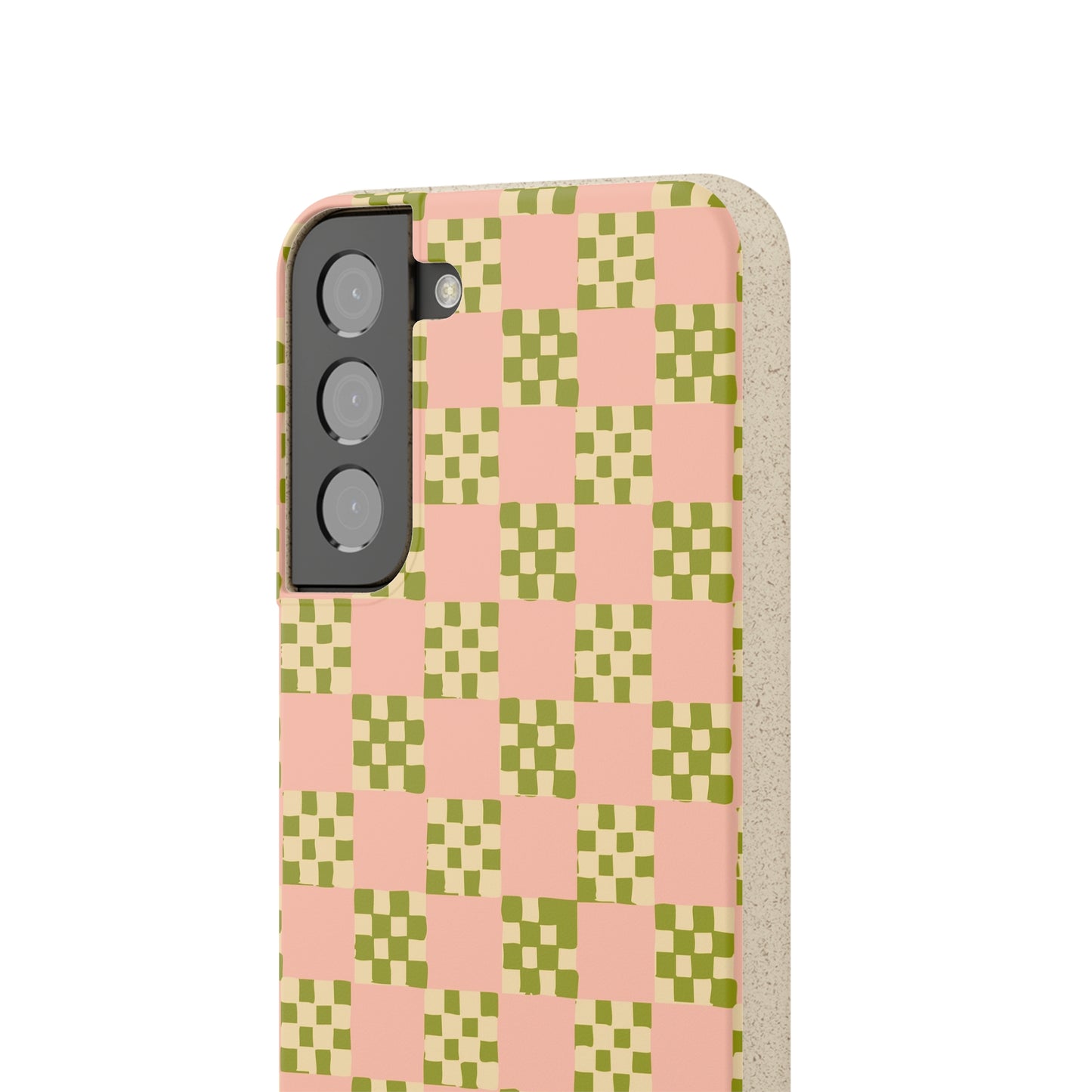 Checkered Quilt Biodegradable Phone Case, pink, olive green and light yellow