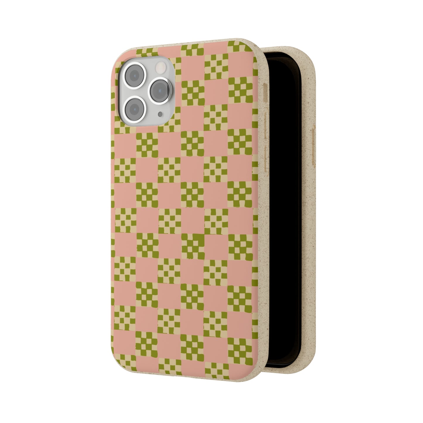 Checkered Quilt Biodegradable Phone Case, pink, olive green and light yellow