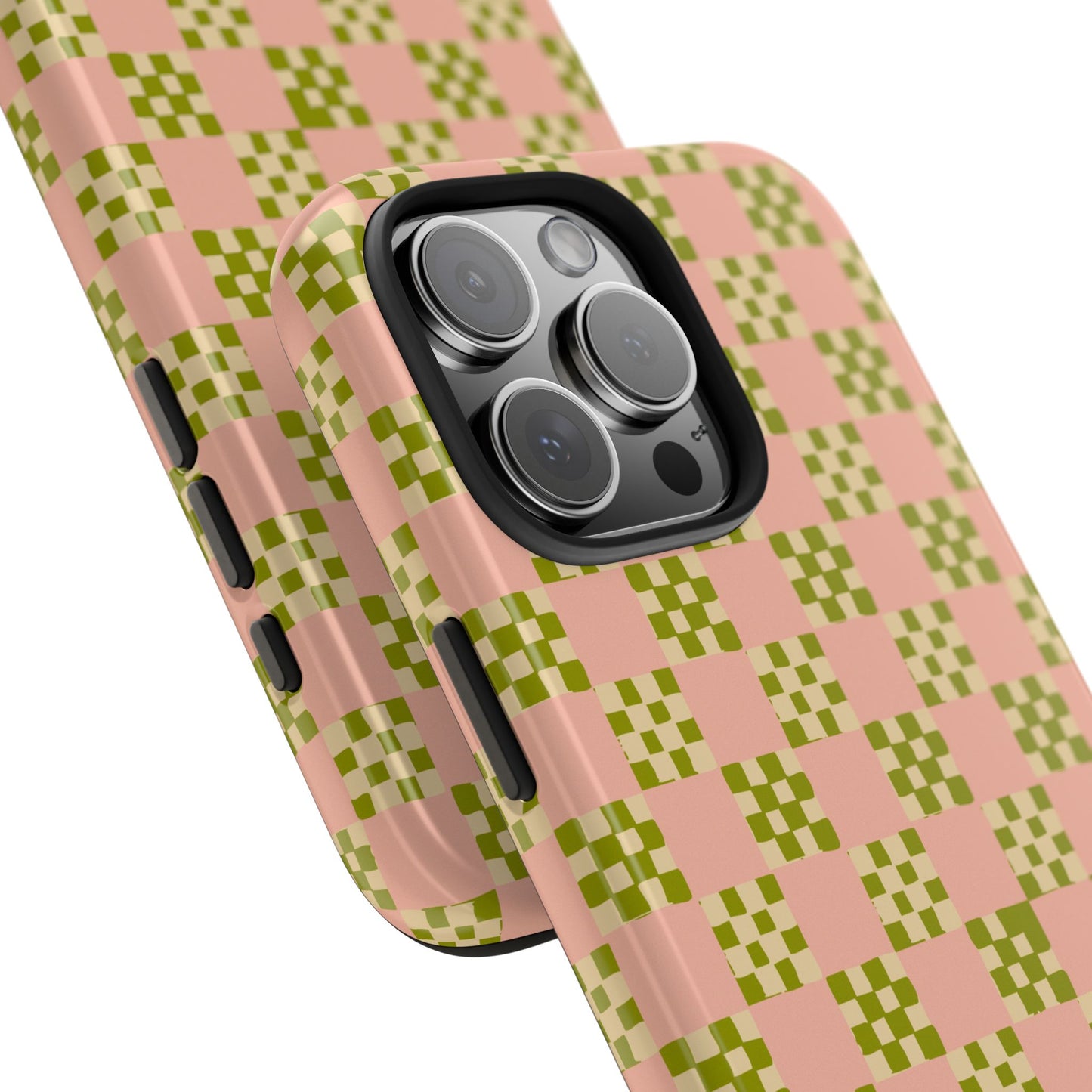 Checker Quilt Tough Phone Case — Retro Pink and Olive Green Pattern, Protective iPhone Cover, Personalizable