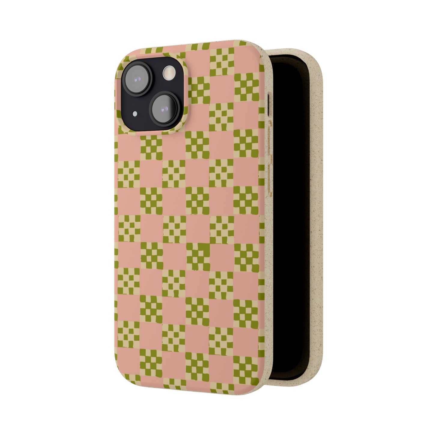 Checkered Quilt Biodegradable Phone Case, pink, olive green and light yellow