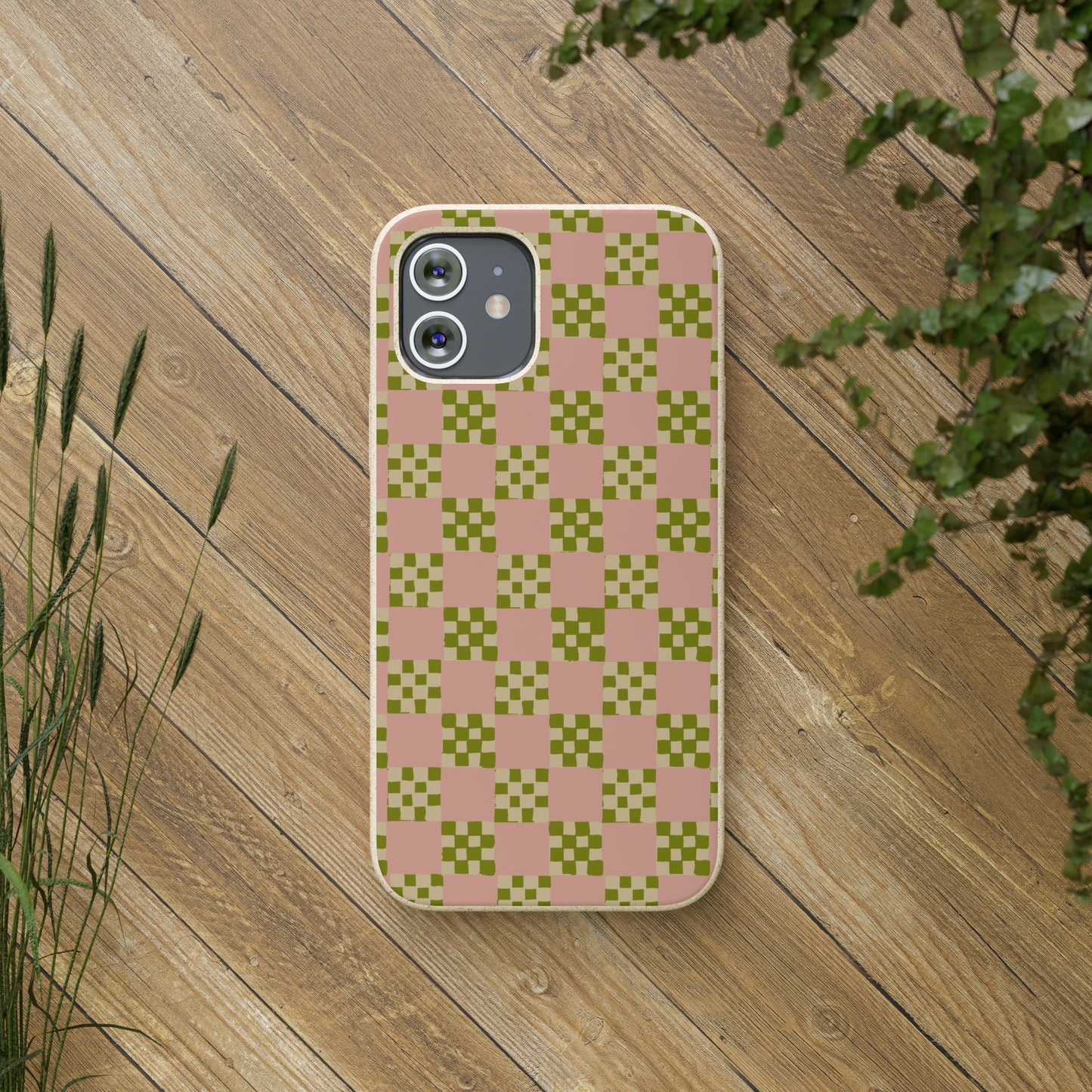 Checkered Quilt Biodegradable Phone Case, pink, olive green and light yellow