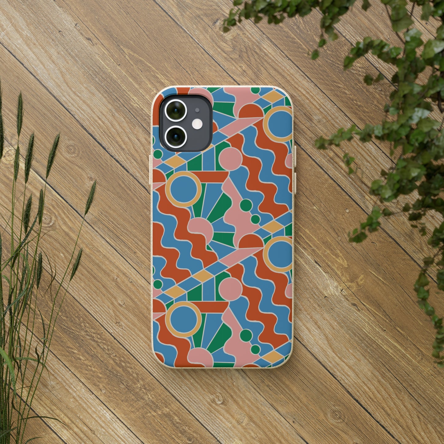 Day Trippin' Biodegradable Phone Case, blue, green, pink and brick red