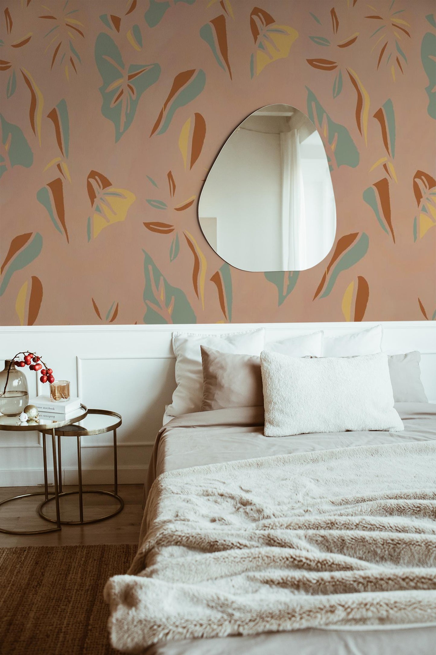 Block Print Foliage Wallpaper, peach and mint