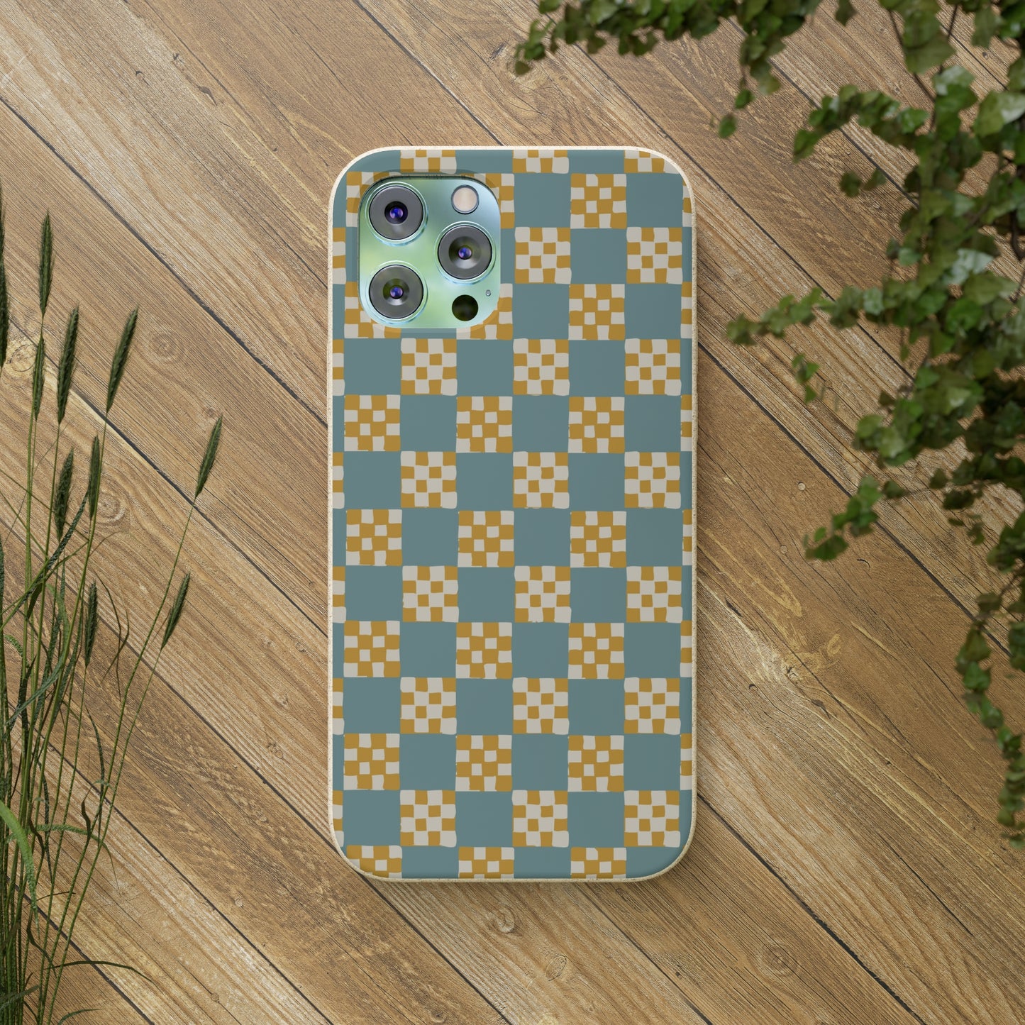 Checkered Quilt Biodegradable Phone Case, light blue and yellow