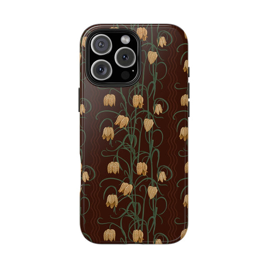 Campanas Floral Tough Phone Case — Chocolate and Goldenrod Wildflower Protective Cover, Personalizable