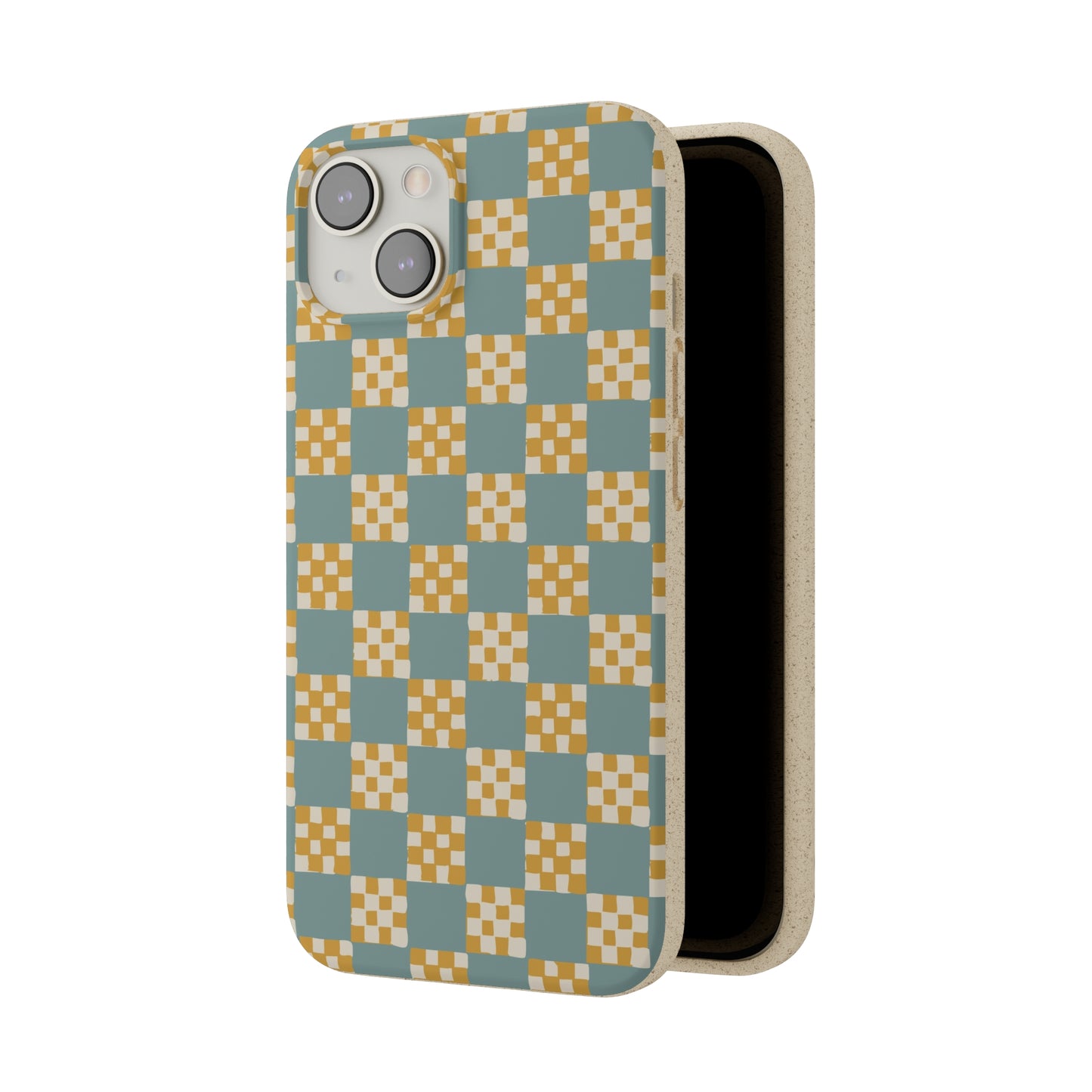 Checkered Quilt Biodegradable Phone Case, light blue and yellow