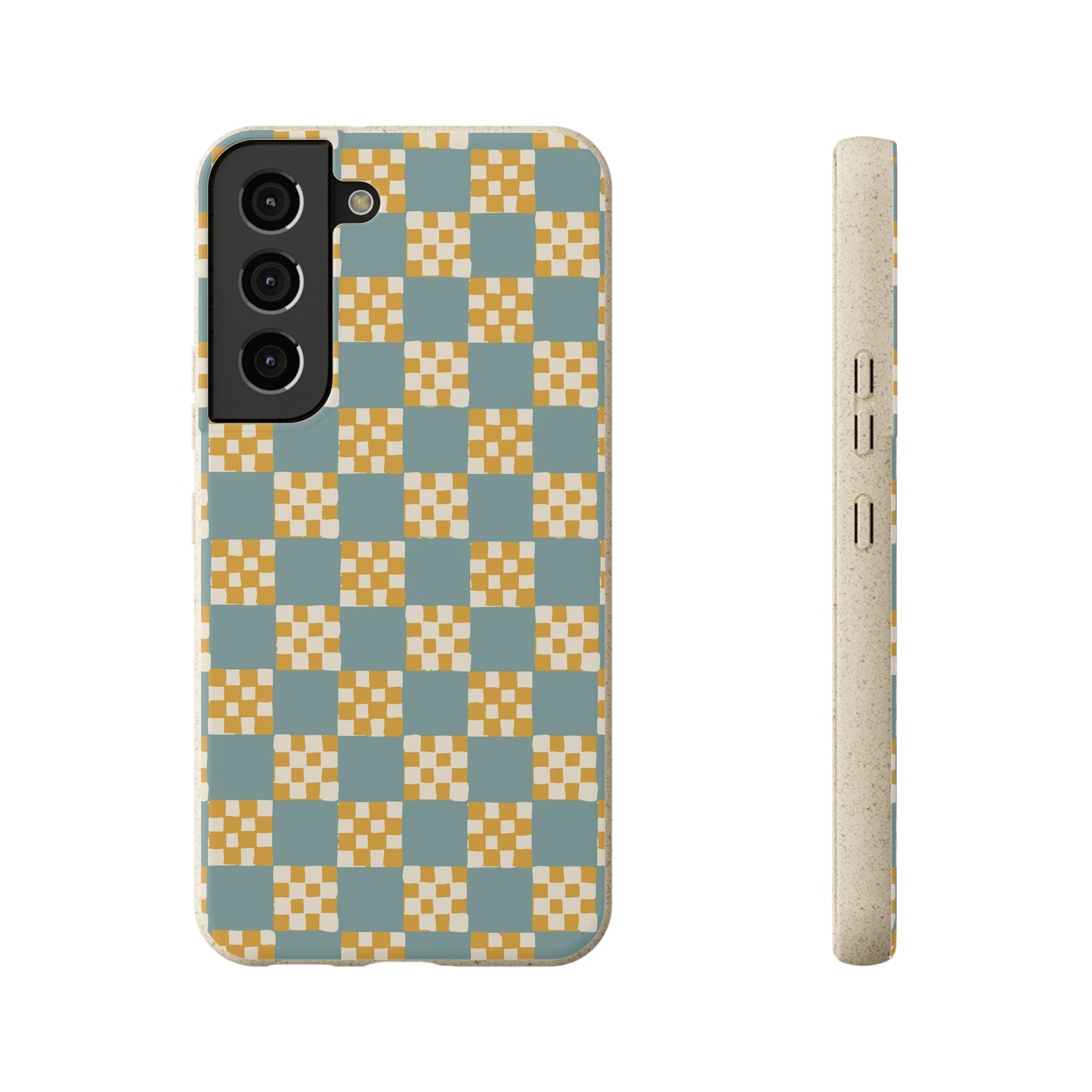 Checkered Quilt Biodegradable Phone Case, light blue and yellow