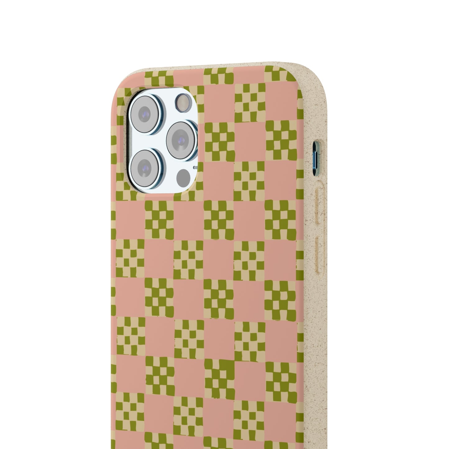 Checkered Quilt Biodegradable Phone Case, pink, olive green and light yellow