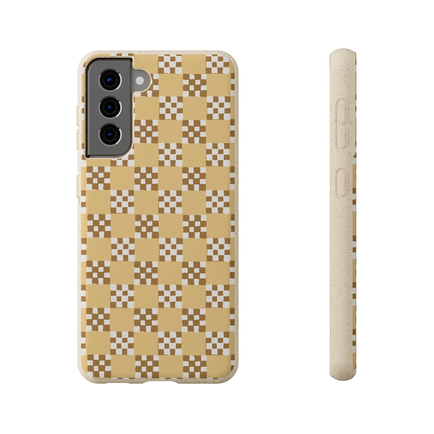 Checkered Quilt Biodegradable Phone Case, butter yellow, white and toffee