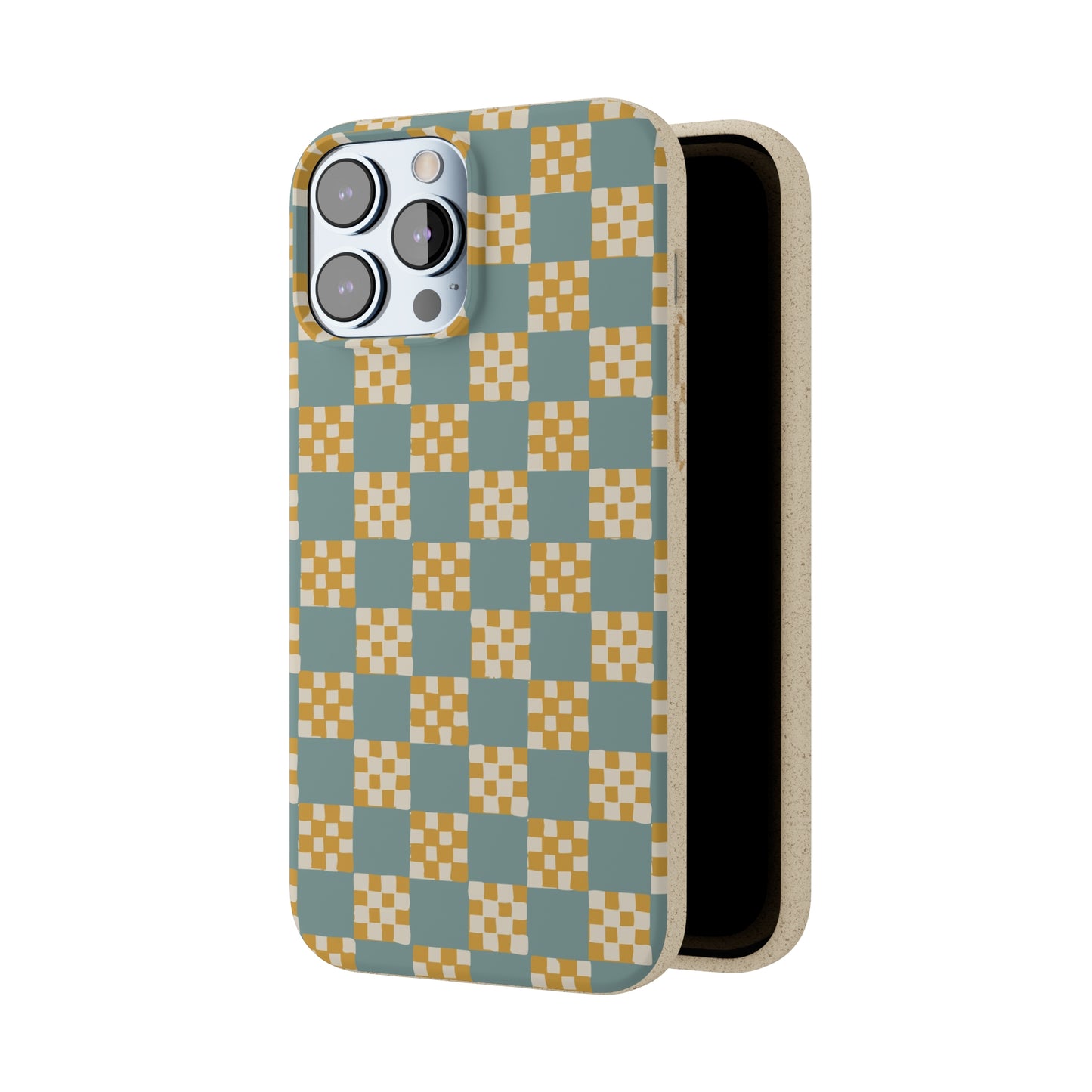 Checkered Quilt Biodegradable Phone Case, light blue and yellow