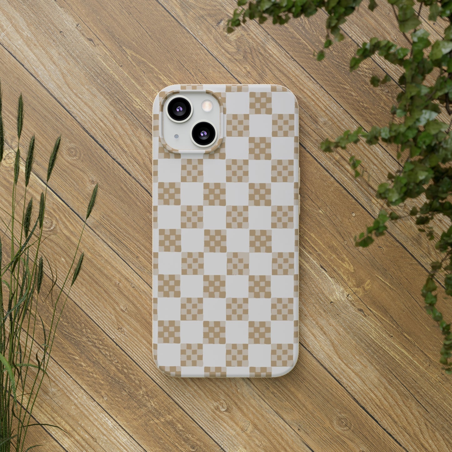 Checkered Quilt Biodegradable Phone Case, tan and white