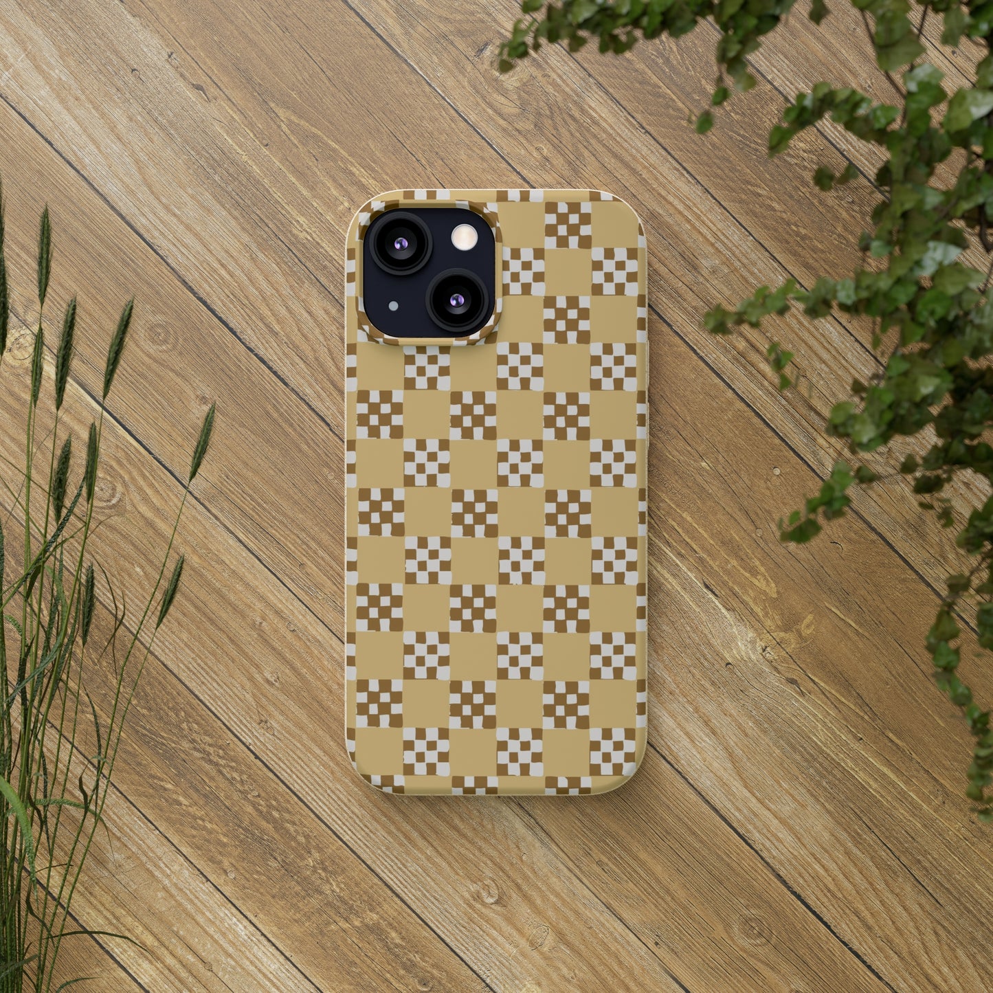 Checkered Quilt Biodegradable Phone Case, butter yellow, white and toffee