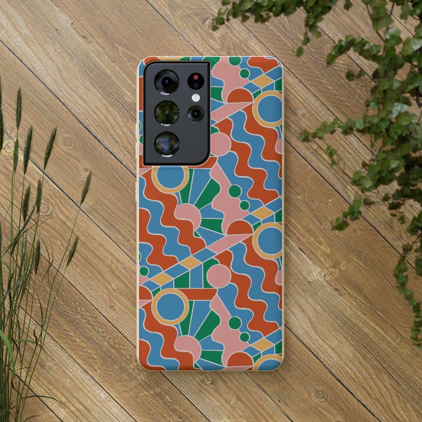 Day Trippin' Biodegradable Phone Case, blue, green, pink and brick red