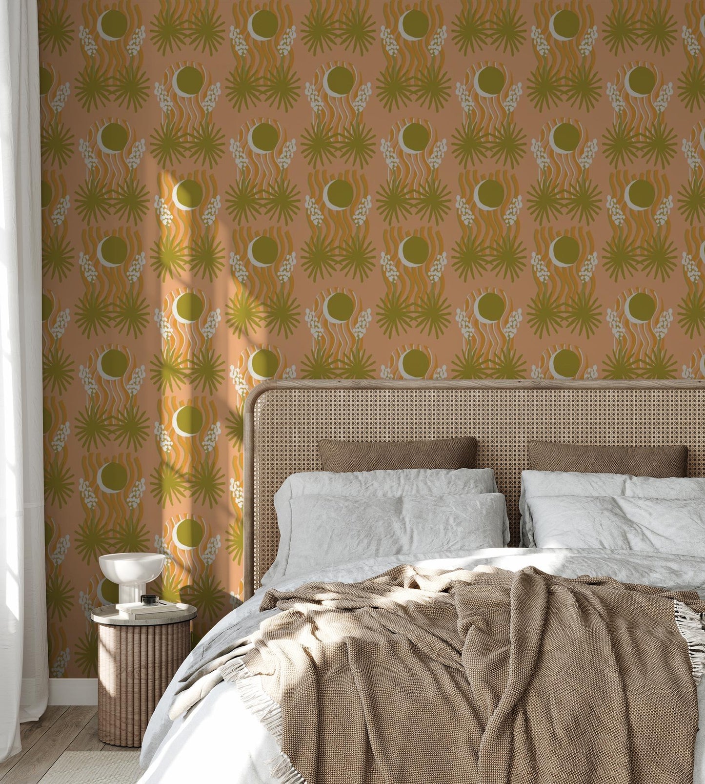 Yucca Moon Wallpaper, peach & green