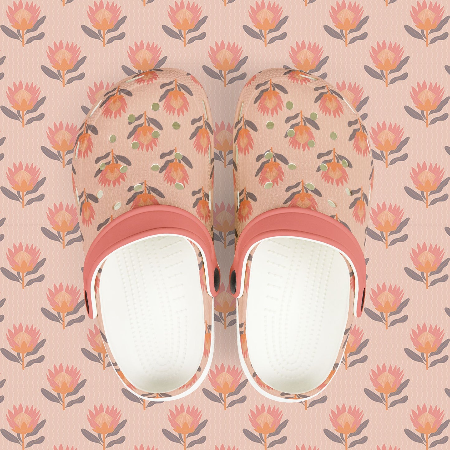 King Protea Floral Kid's EVA Foam Clogs — Coral and Orange All-Over Print Slip-on Shoes