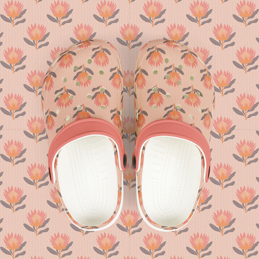 King Protea Floral Kid's EVA Foam Clogs — Coral and Orange All-Over Print Slip-on Shoes