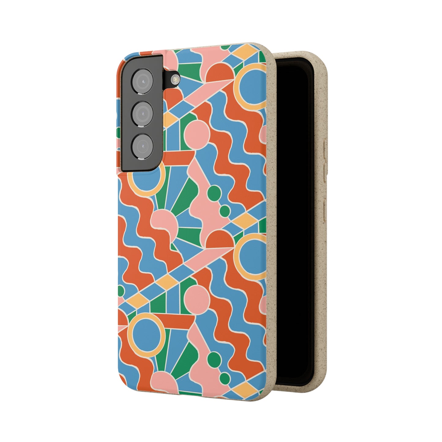 Day Trippin' Biodegradable Phone Case, blue, green, pink and brick red