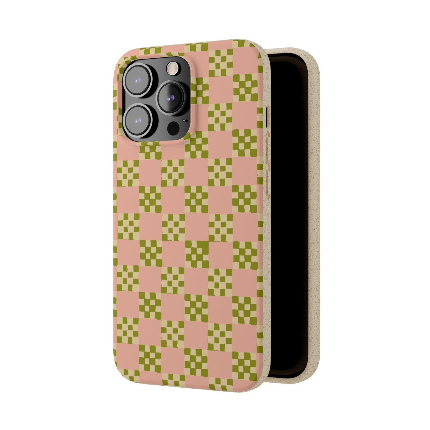 Checkered Quilt Biodegradable Phone Case, pink, olive green and light yellow