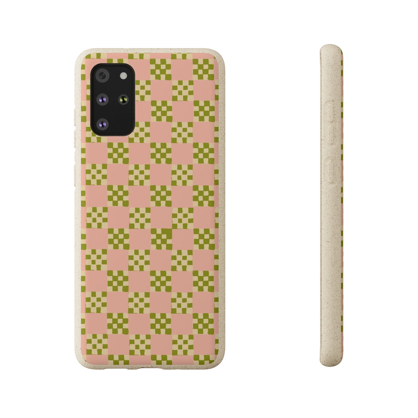 Checkered Quilt Biodegradable Phone Case, pink, olive green and light yellow