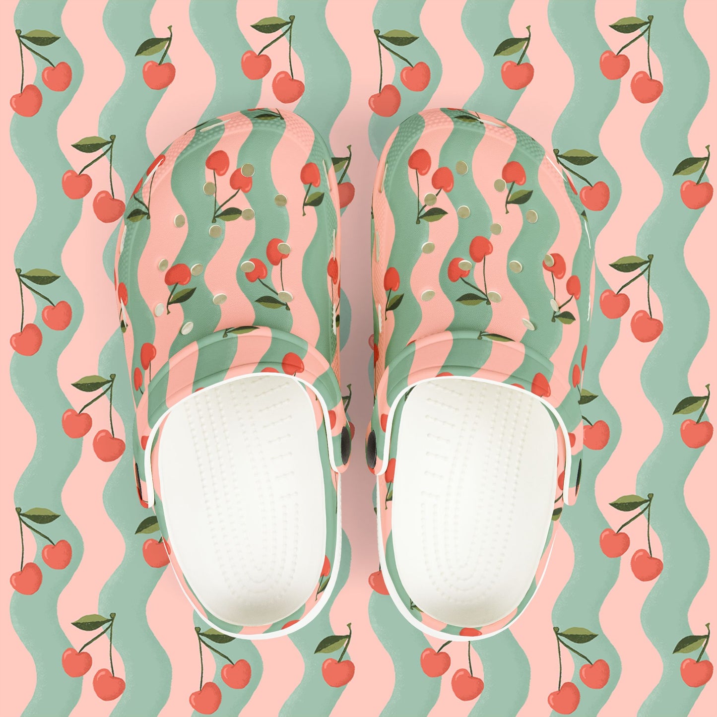 Wavy Cherry Kid's EVA Foam Clogs — Pink & Teal Patterned Slip-Ons