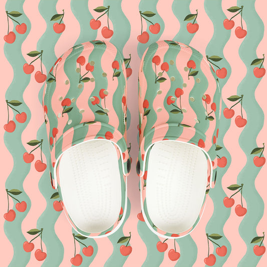 Wavy Cherry Kid's EVA Foam Clogs — Pink & Teal Patterned Slip-Ons