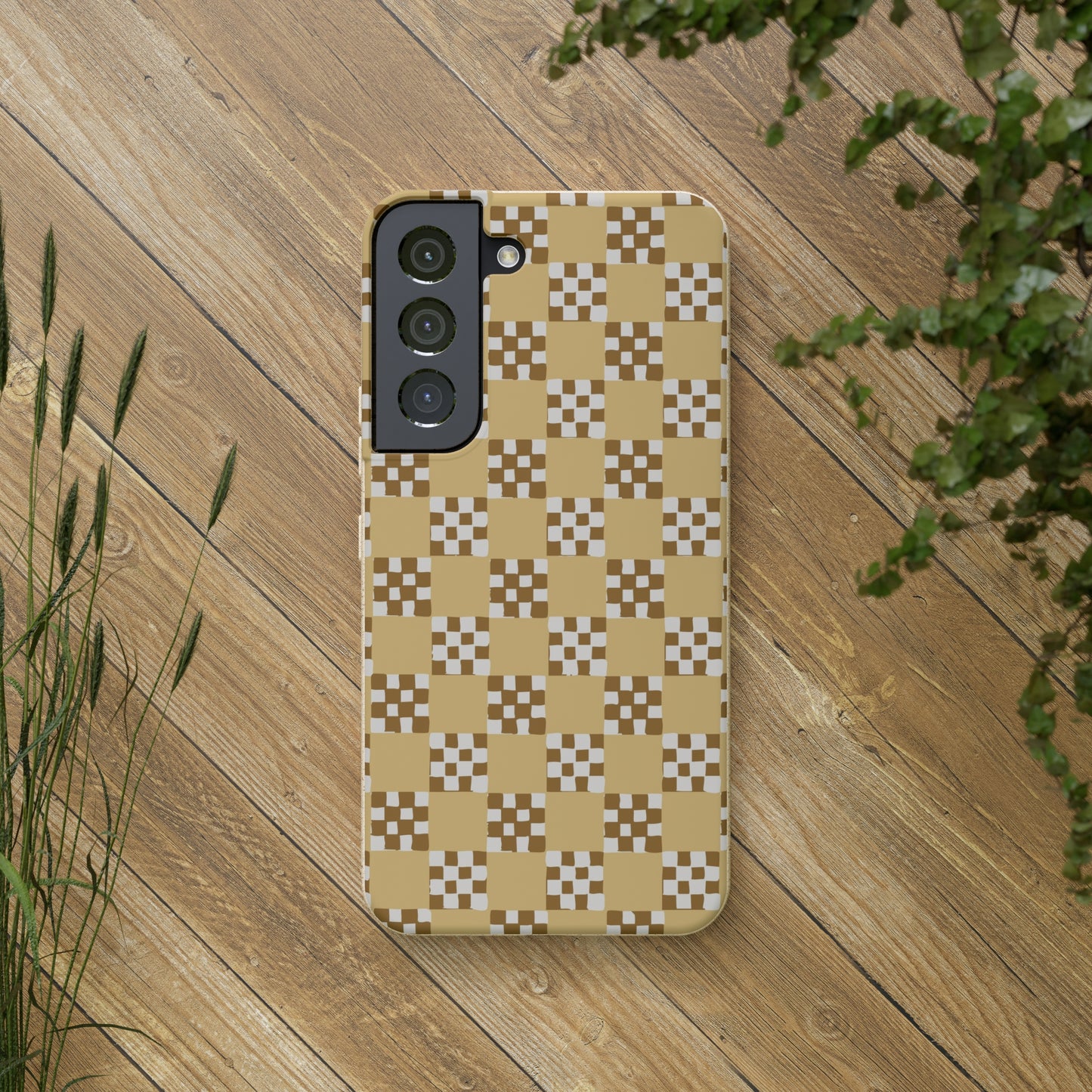 Checkered Quilt Biodegradable Phone Case, butter yellow, white and toffee