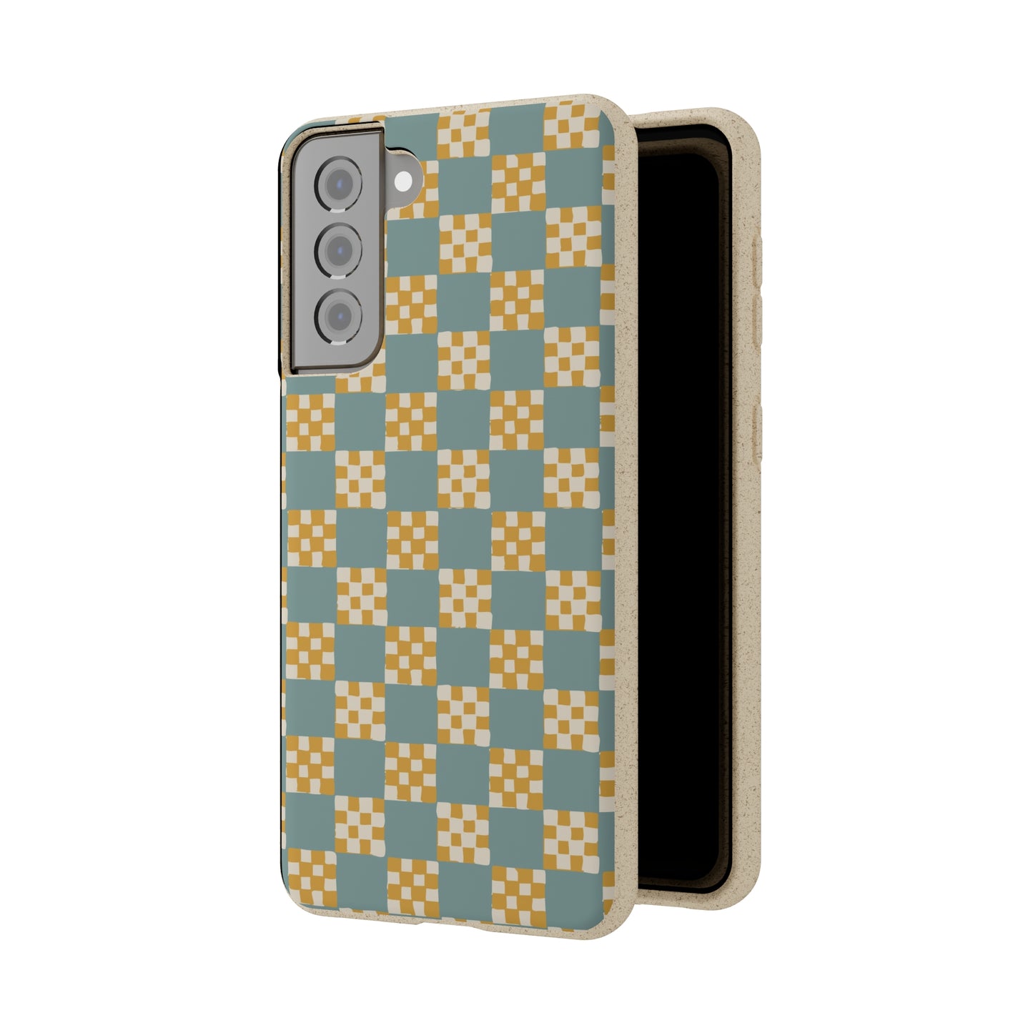 Checkered Quilt Biodegradable Phone Case, light blue and yellow