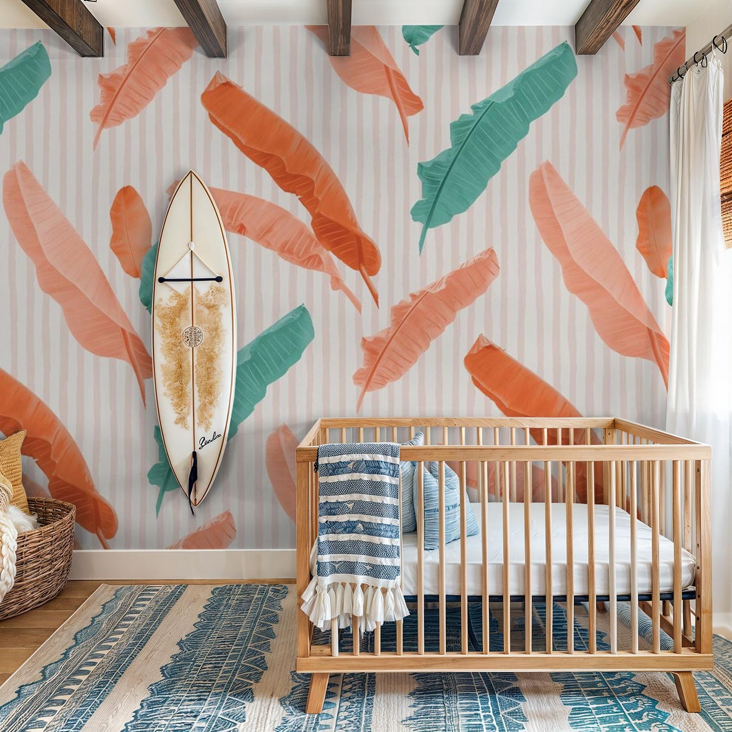 Banana Cabana Wallpaper, coral & teal