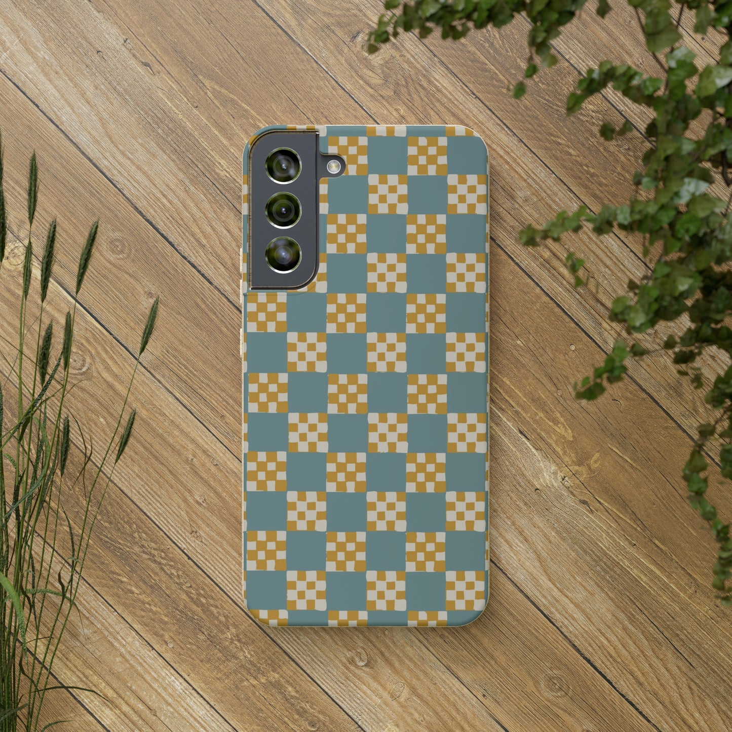 Checkered Quilt Biodegradable Phone Case, light blue and yellow