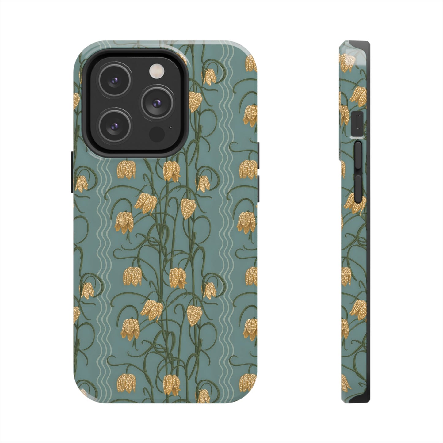 Campanas Floral Tough Phone Case — Dusty Blue and Marigold Wildflower Protective Cover, Personalizable