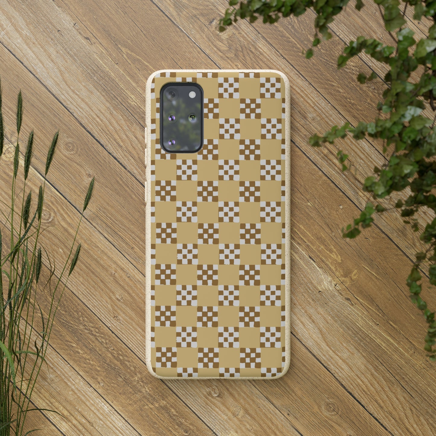 Checkered Quilt Biodegradable Phone Case, butter yellow, white and toffee