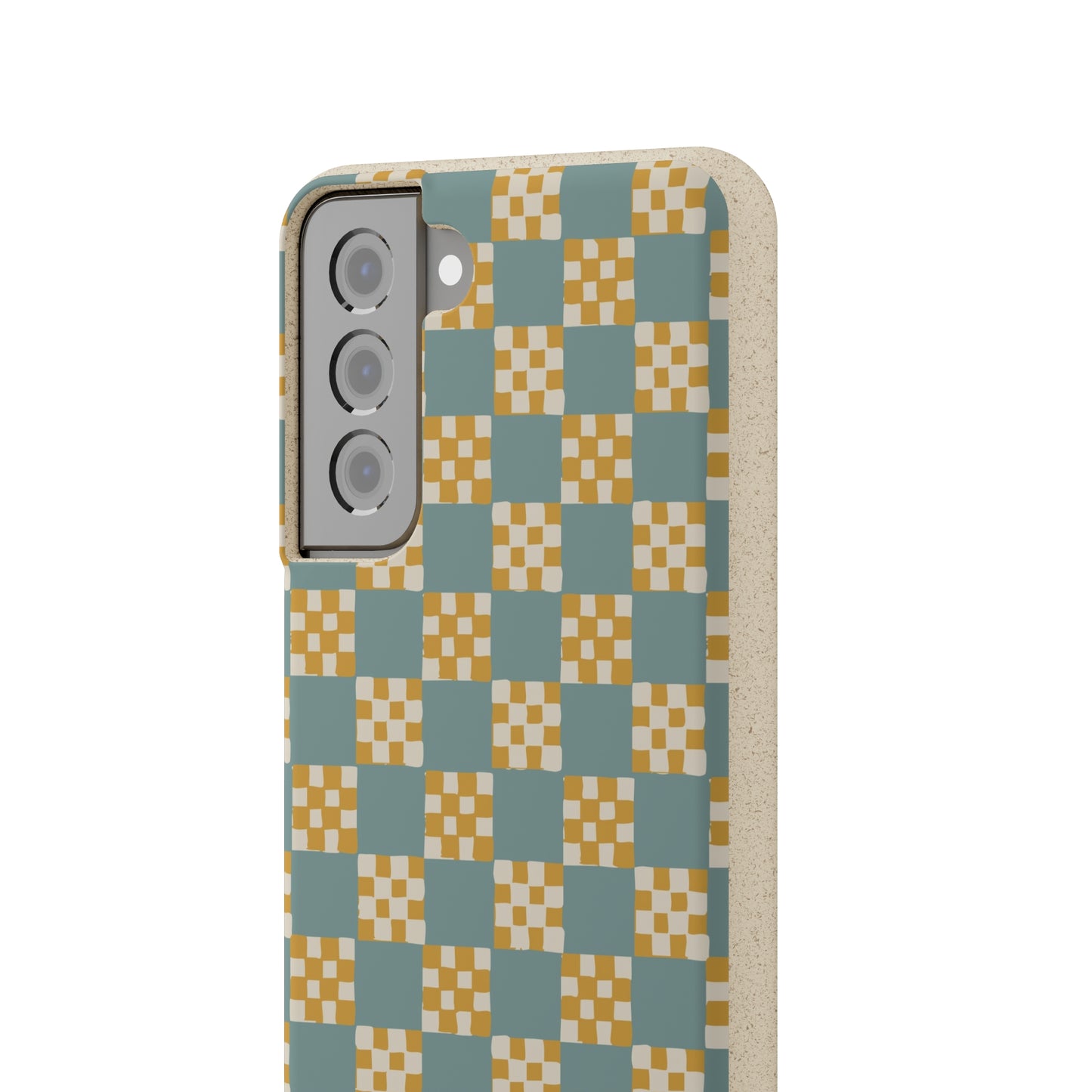 Checkered Quilt Biodegradable Phone Case, light blue and yellow