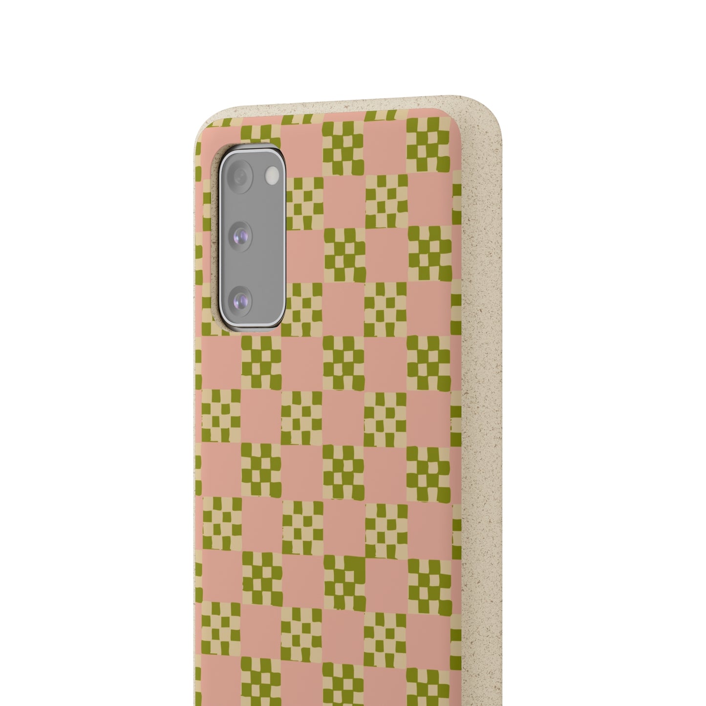 Checkered Quilt Biodegradable Phone Case, pink, olive green and light yellow