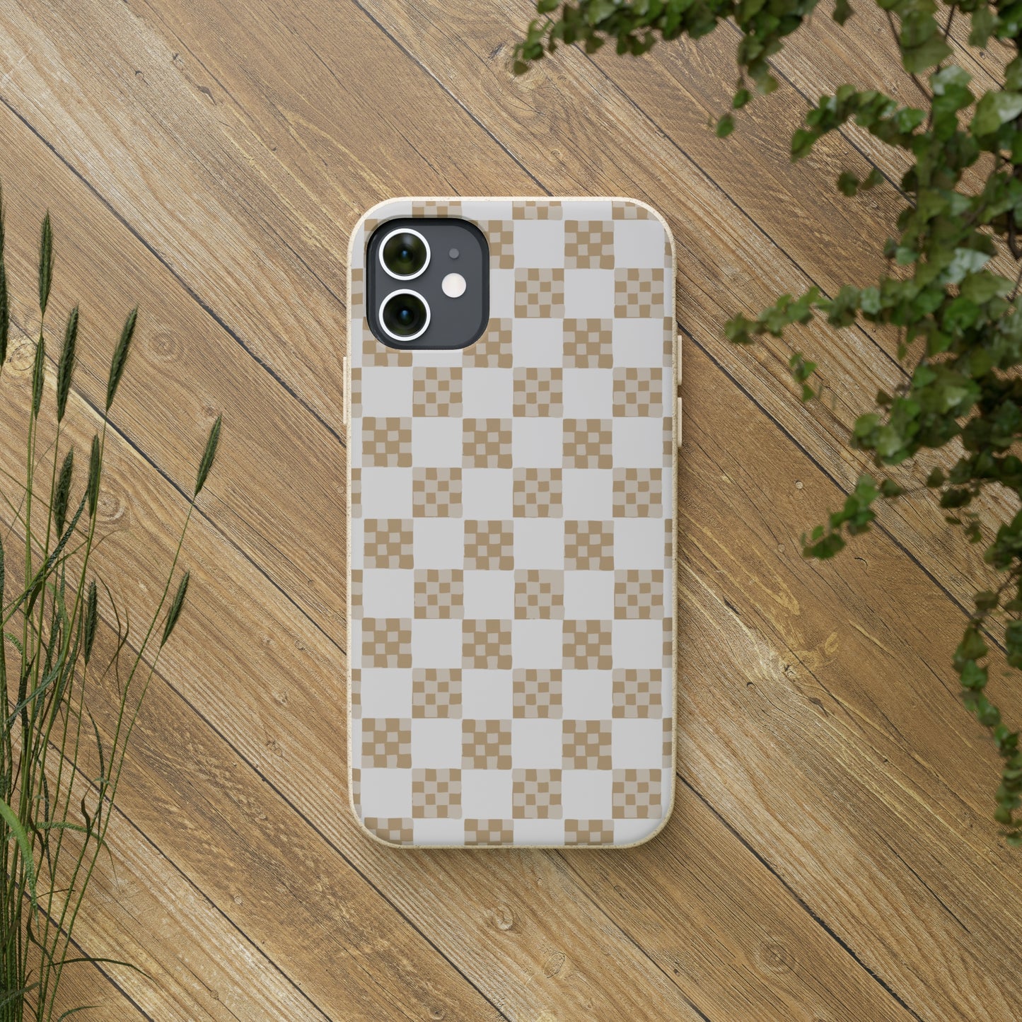 Checkered Quilt Biodegradable Phone Case, tan and white