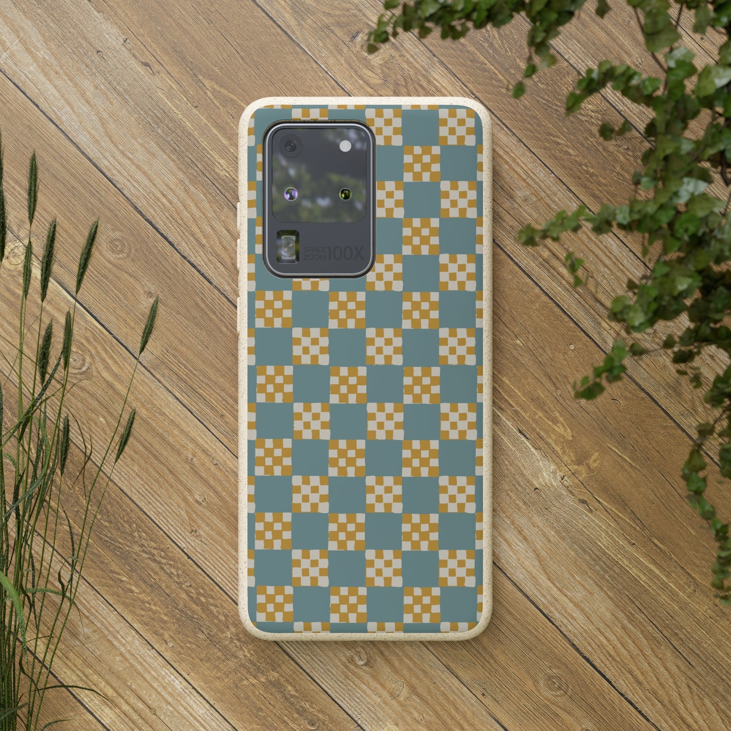 Checkered Quilt Biodegradable Phone Case, light blue and yellow