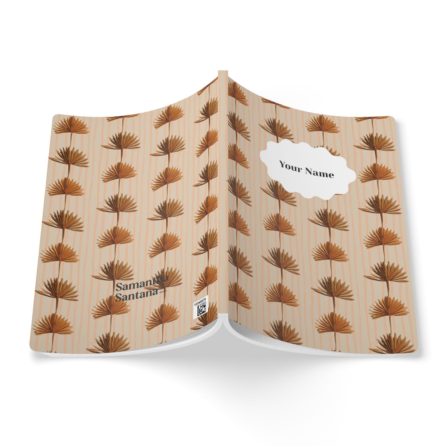 Stripey Palm Softcover Personalized Journal, neutral, peach & rust (add your name)