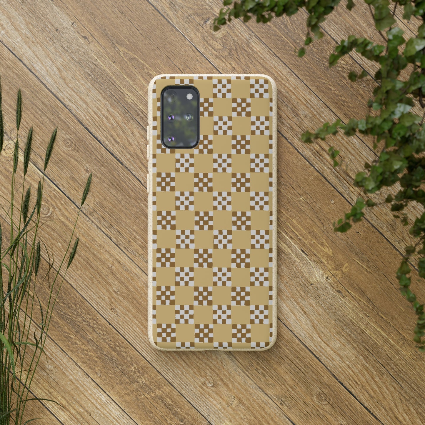 Checkered Quilt Biodegradable Phone Case, butter yellow, white and toffee