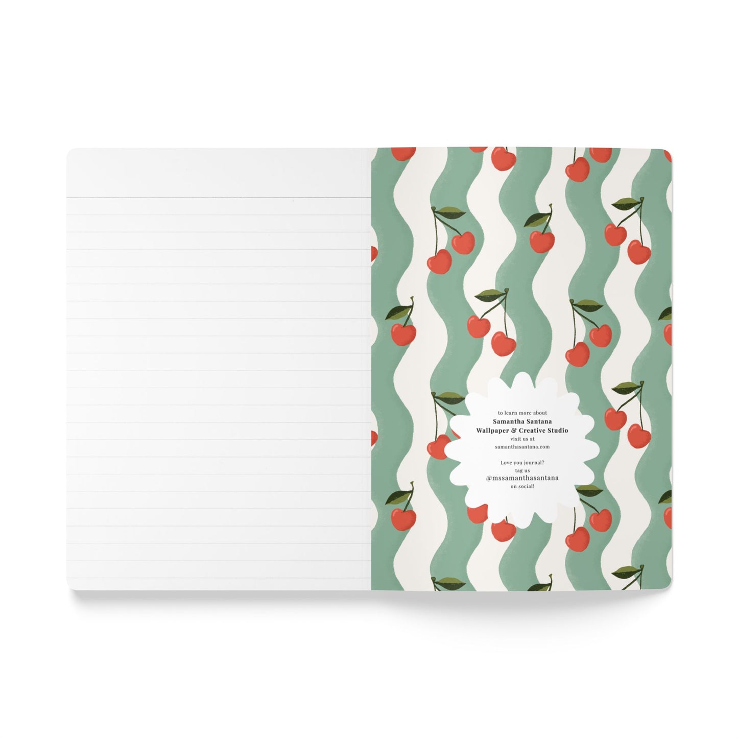 Wavy Cherry Softcover Personalized Journal, teal & white (add your name)