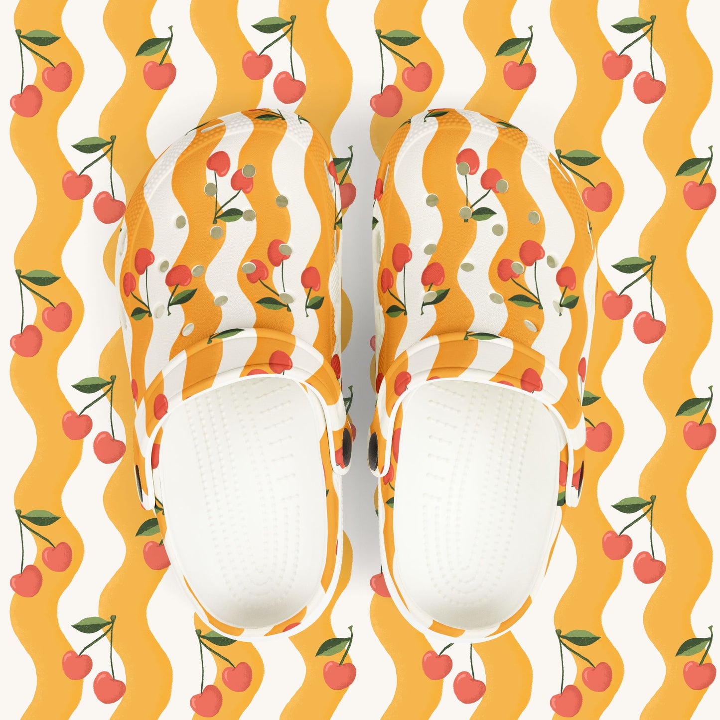 Wavy Cherry Kid's EVA Foam Clogs — White & Yellow Patterned Slip-Ons