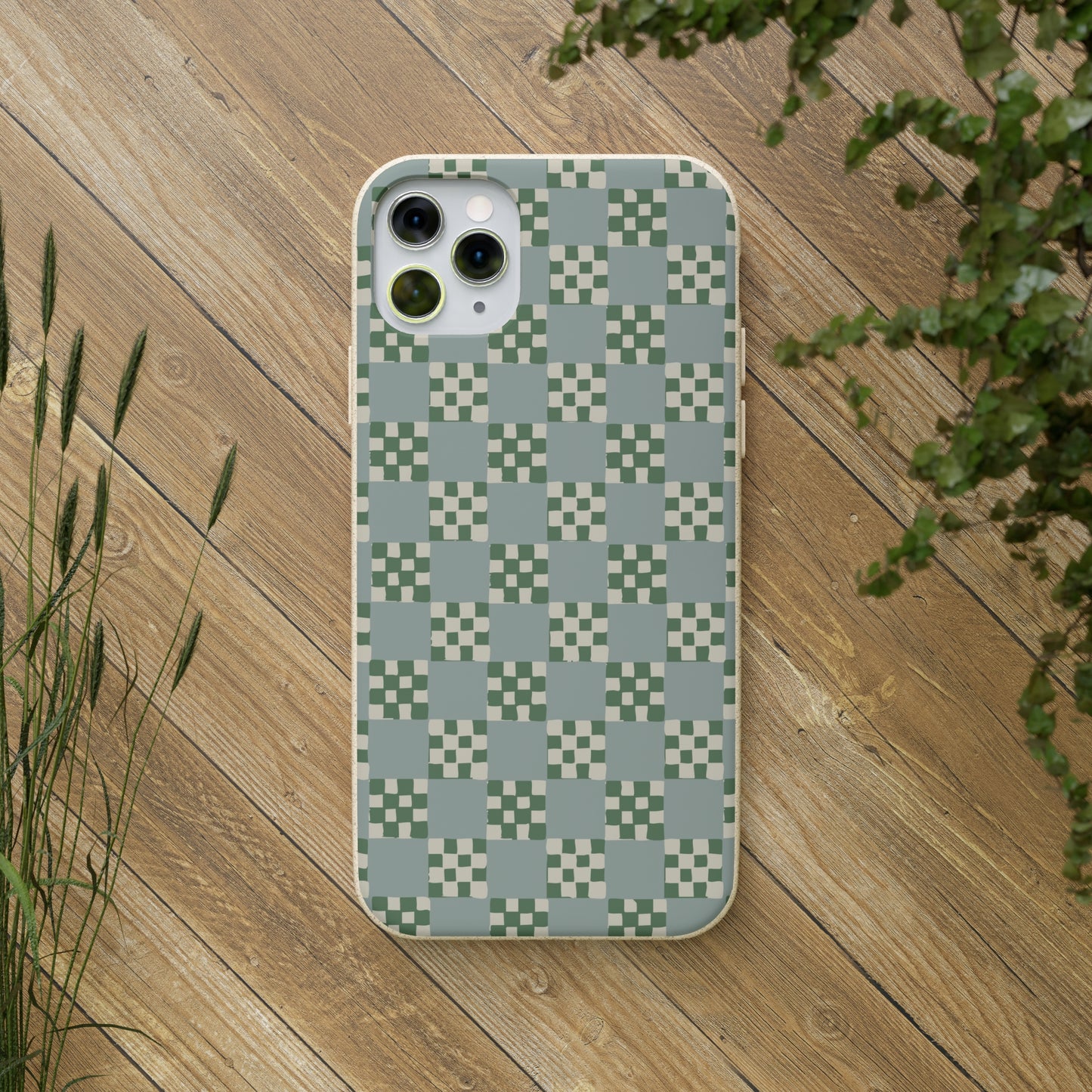 Checkered Quilt Biodegradable Phone Case, mint and green