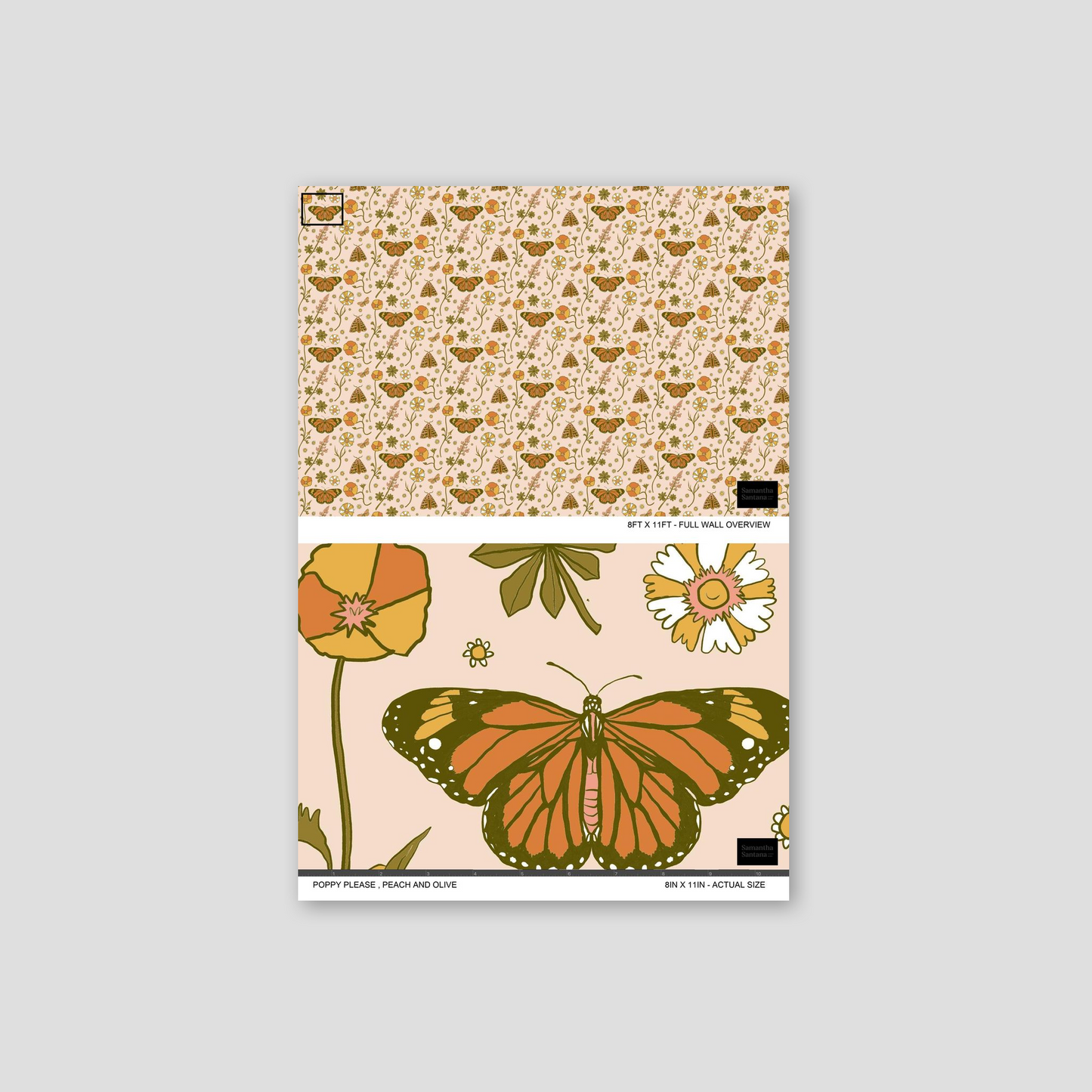 Poppy Please Wallpaper, peach and olive