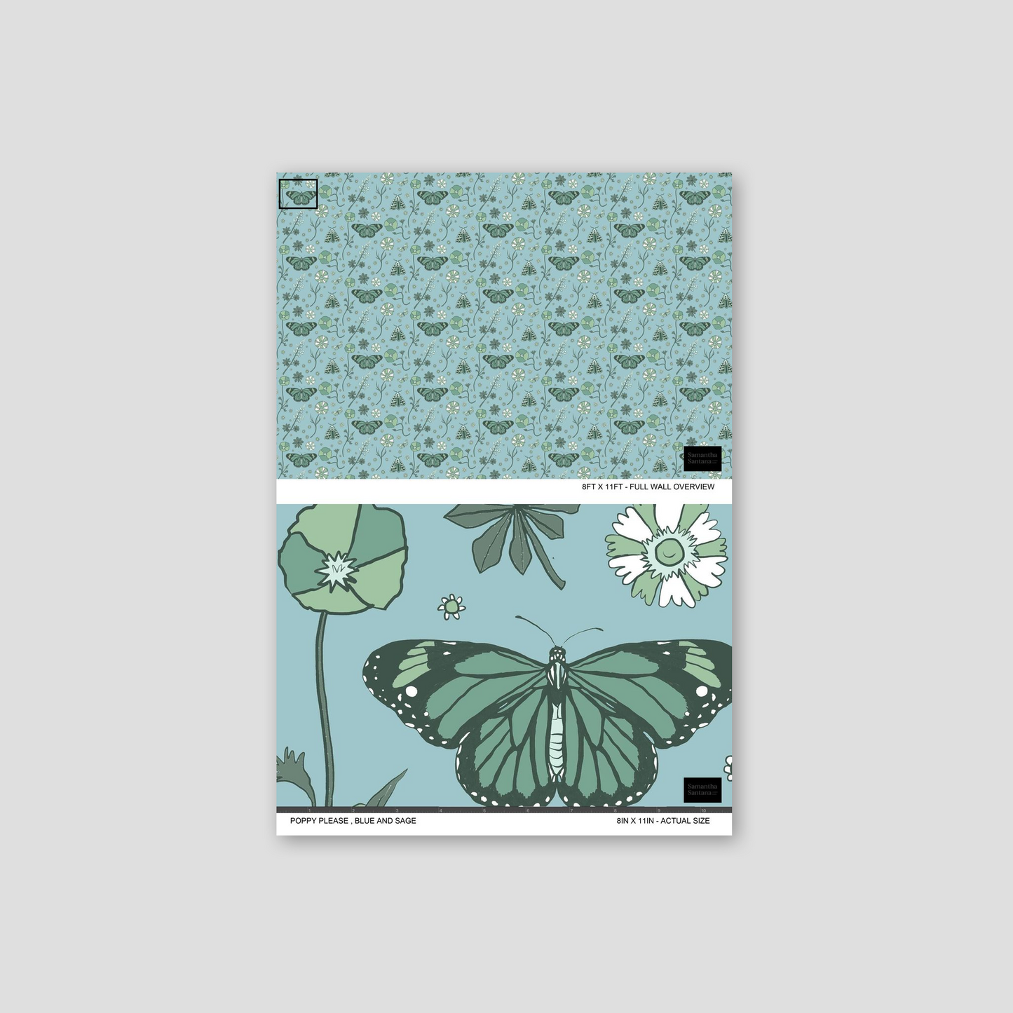 Poppy Please Wallpaper, blue and sage