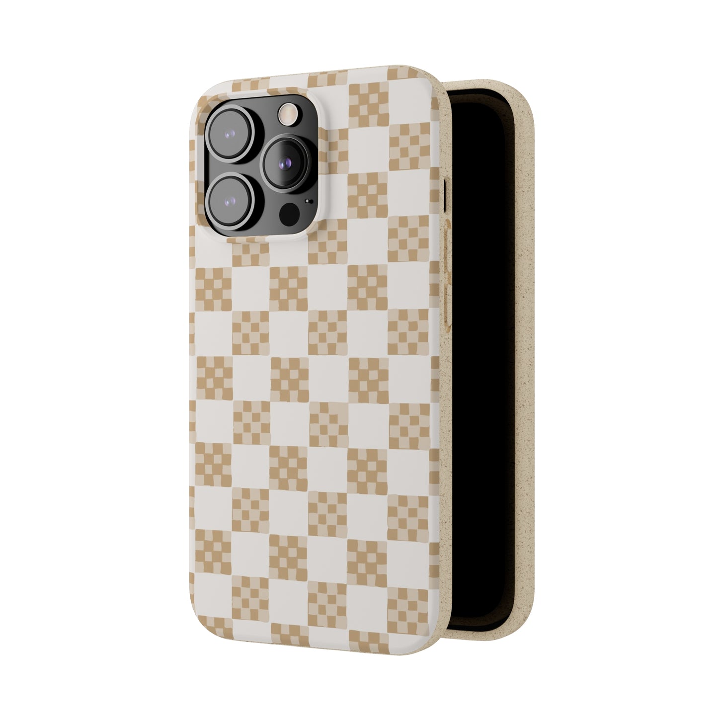 Checkered Quilt Biodegradable Phone Case, tan and white