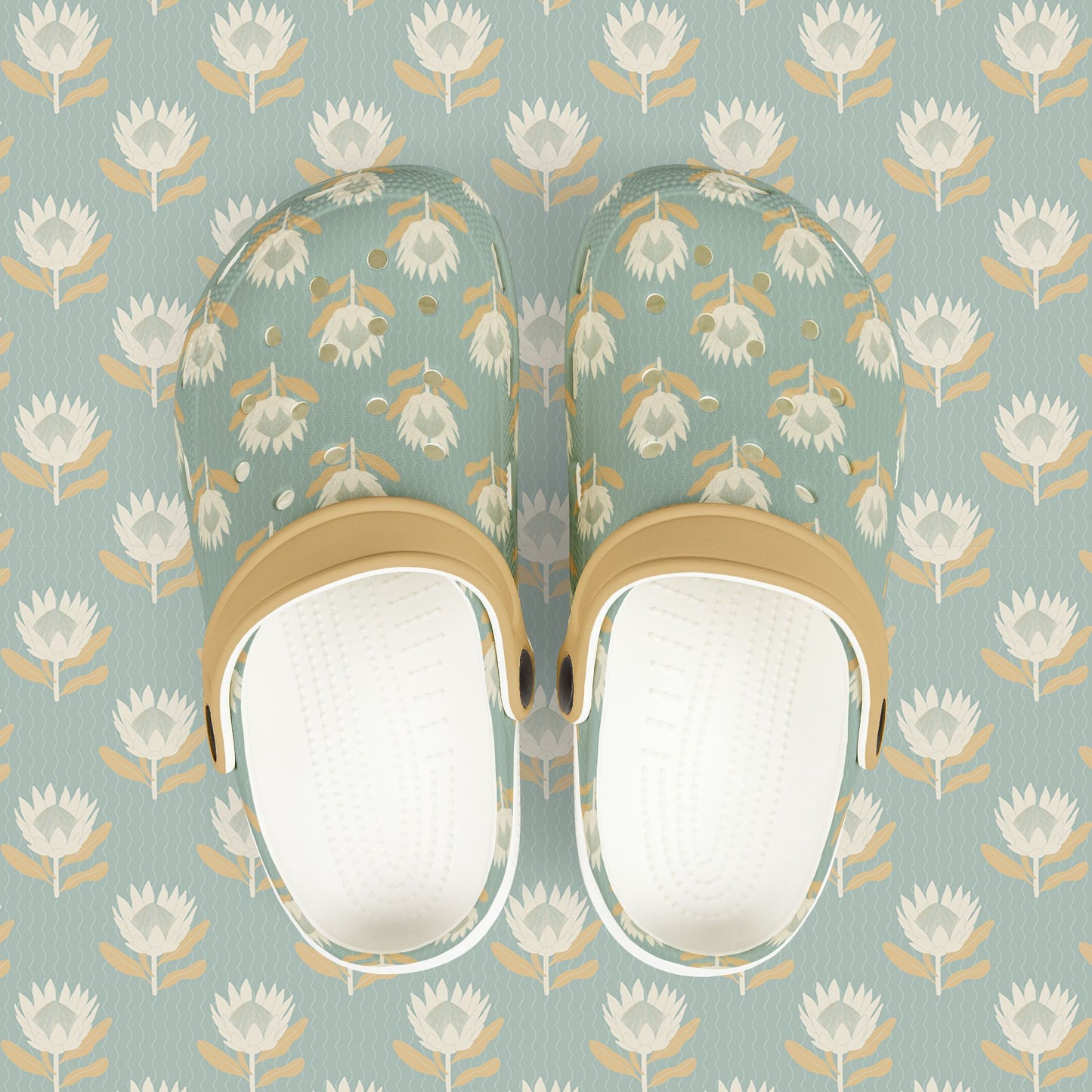 King Protea Floral Kid's EVA Foam Clogs — Light Blue and Apricot All-Over Print Slip-on Shoes