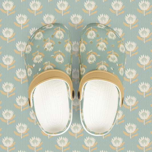 King Protea Floral Kid's EVA Foam Clogs — Light Blue and Apricot All-Over Print Slip-on Shoes