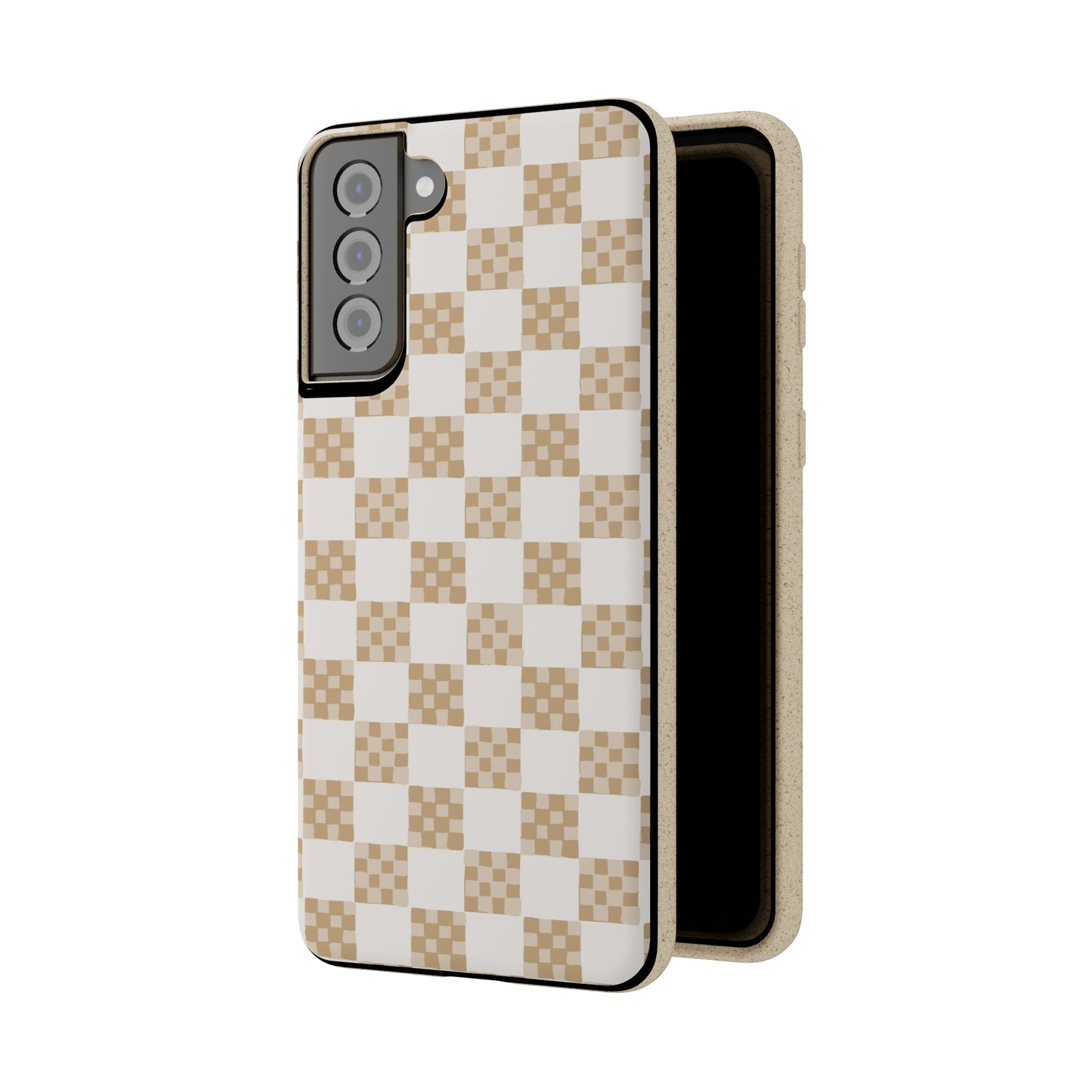 Checkered Quilt Biodegradable Phone Case, tan and white