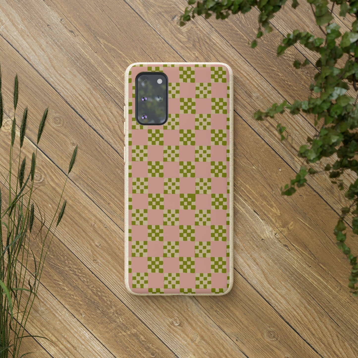 Checkered Quilt Biodegradable Phone Case, pink, olive green and light yellow