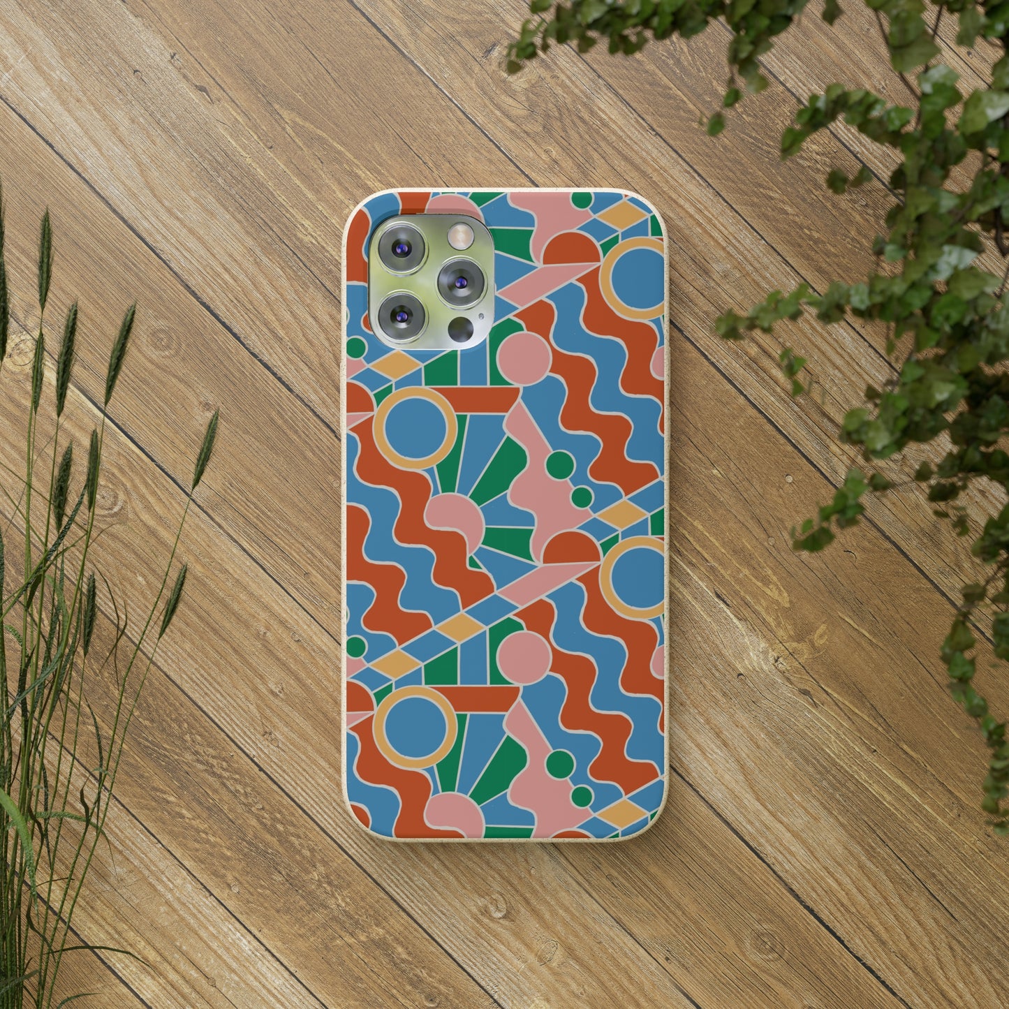 Day Trippin' Biodegradable Phone Case, blue, green, pink and brick red